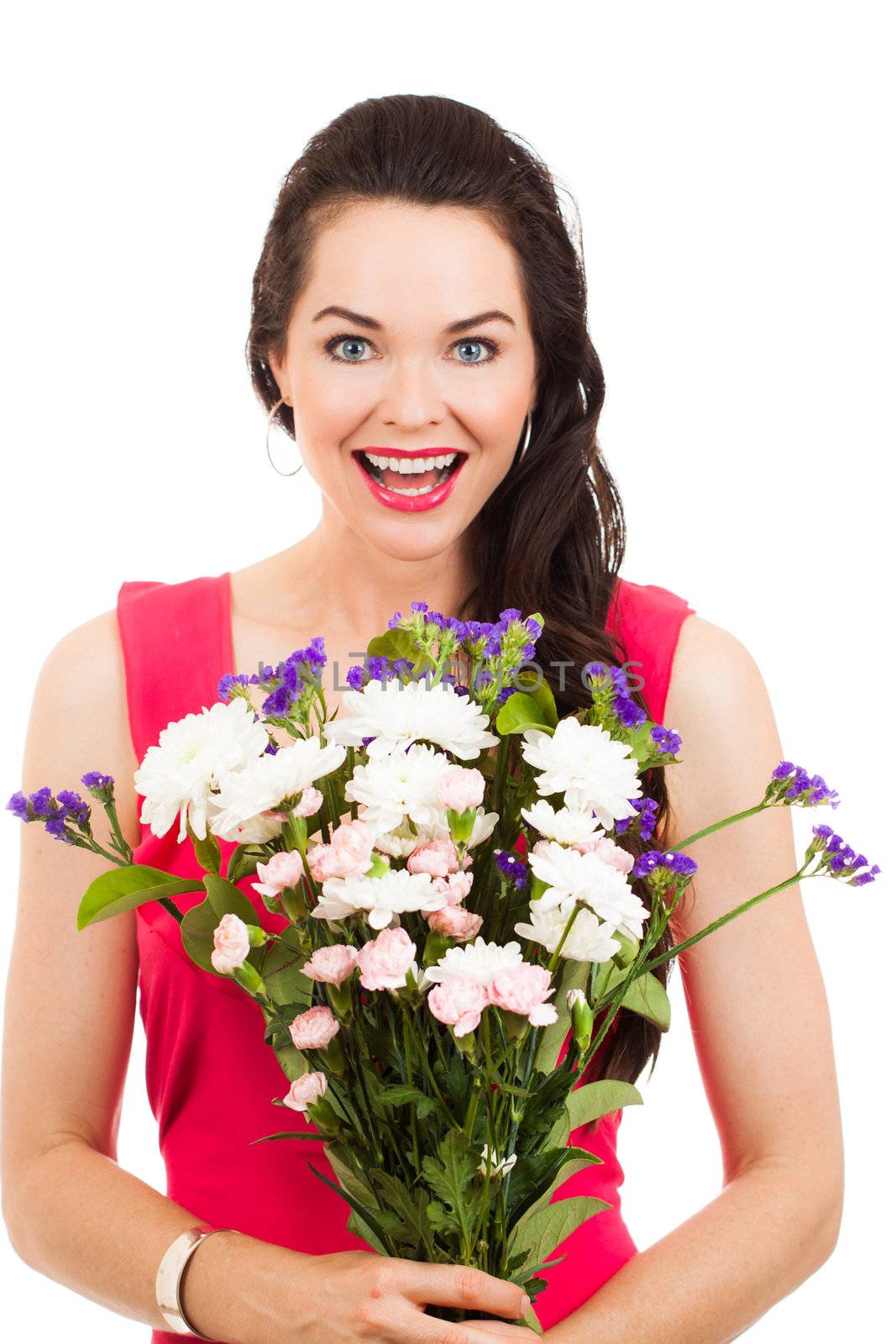 Surprised woman holding flowers by Jaykayl