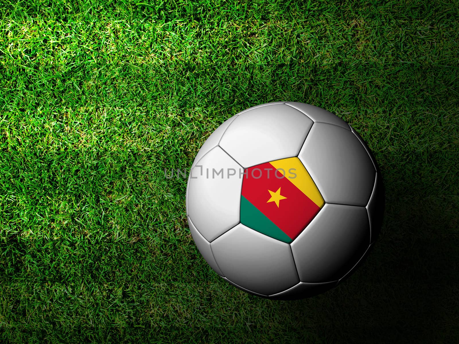 Cameroon Flag Pattern 3d rendering of a soccer ball in green grass