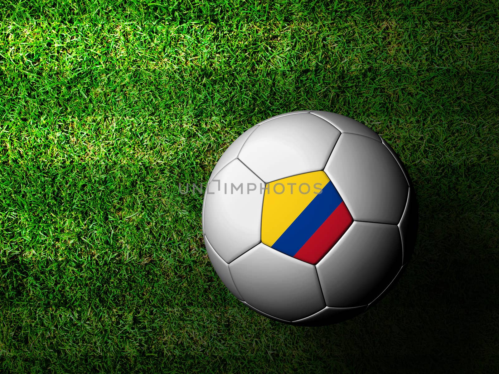 Colombia Flag Pattern 3d rendering of a soccer ball in green gra by jakgree