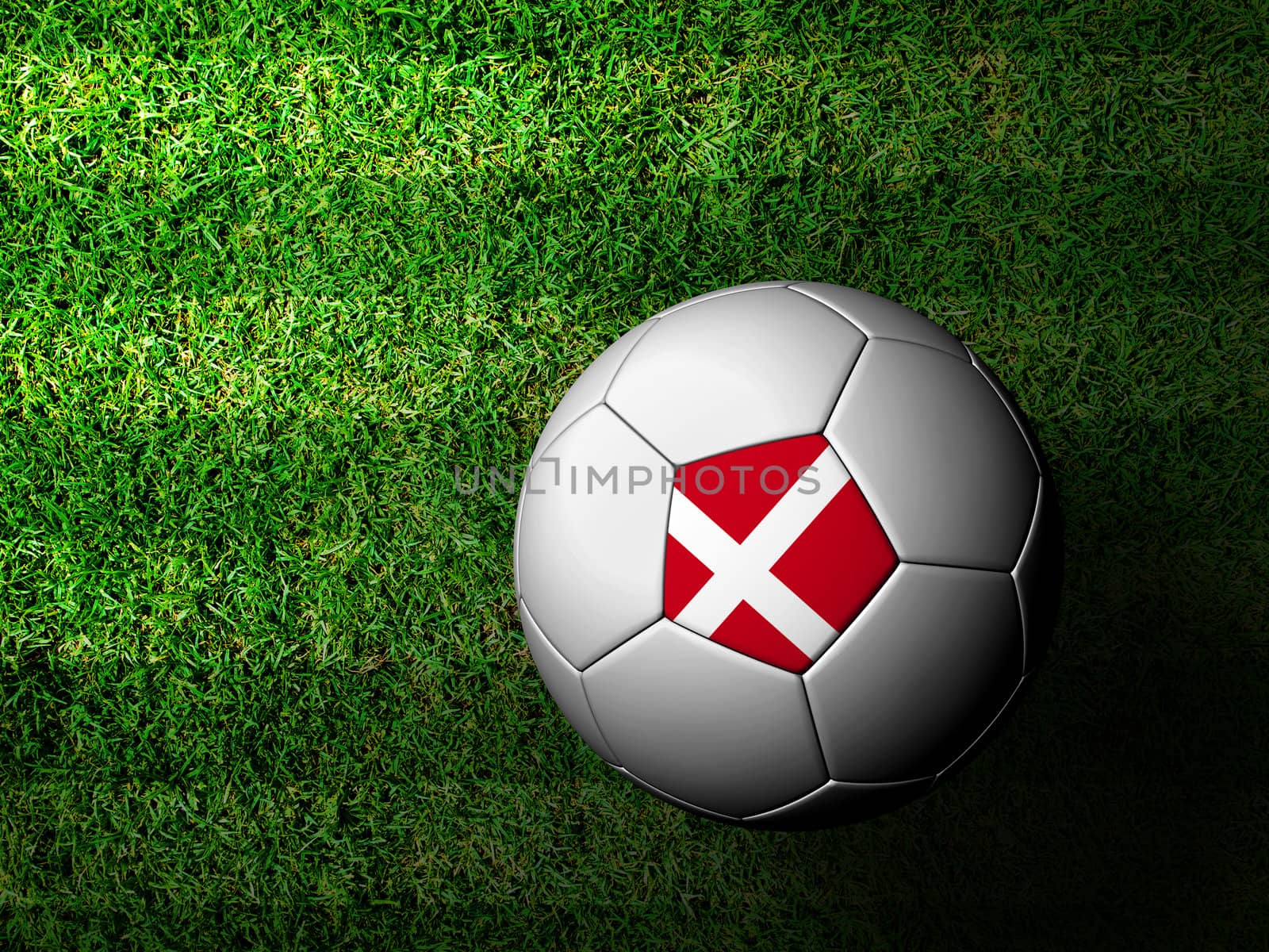 Denmark Flag Pattern 3d rendering of a soccer ball in green gras by jakgree