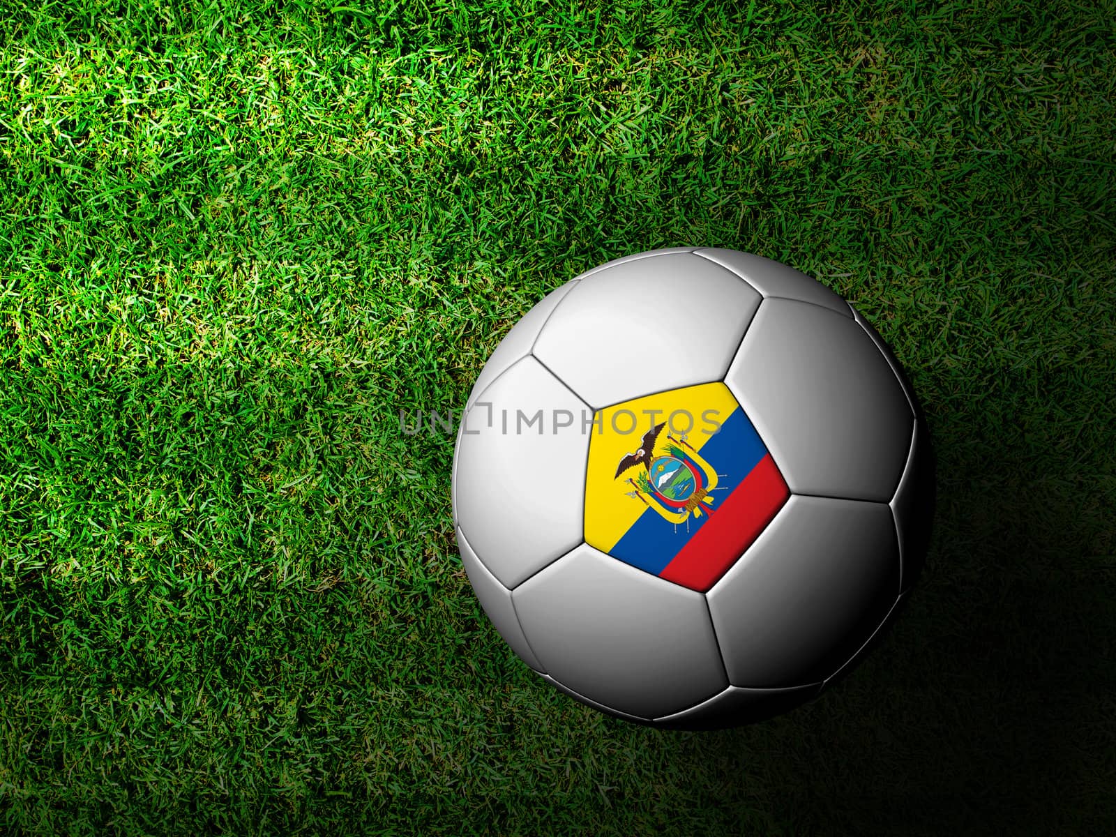 Ecuador Flag Pattern 3d rendering of a soccer ball in green gras by jakgree