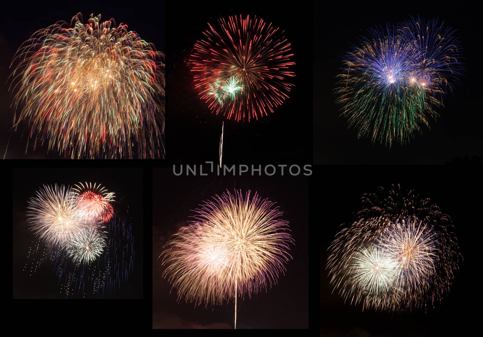 Fireworks in a dark sky separated from city and ready to isolate for use in other images