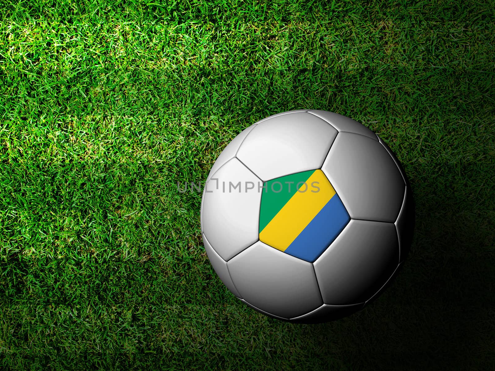 Gabon Flag Pattern 3d rendering of a soccer ball in green grass by jakgree