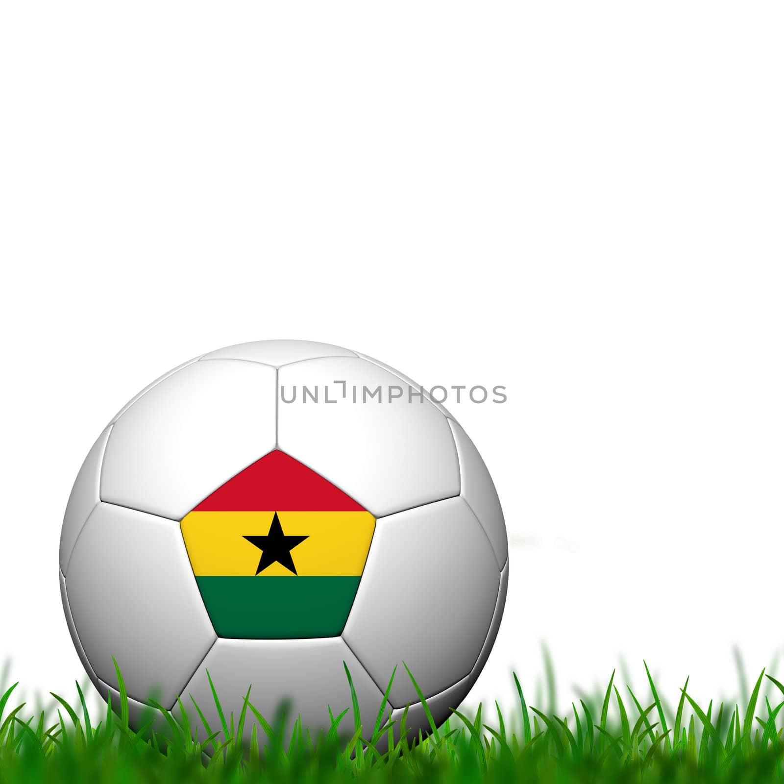 3D Soccer balll  Ghana Flag Patter on green grass over white background