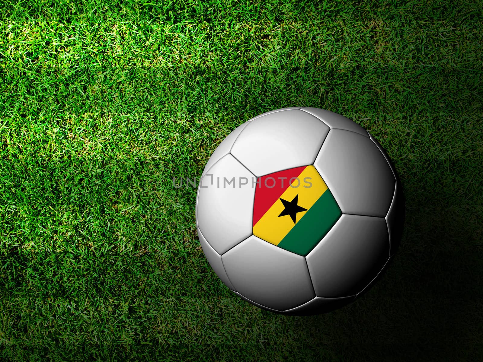 Ghana Flag Pattern 3d rendering of a soccer ball in green grass by jakgree