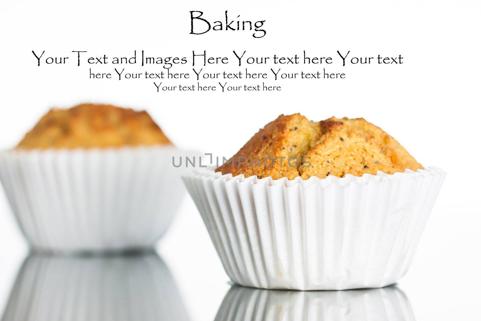 Close-up of a freshly home baked banana muffin on a reflective surface. Isolated on white.