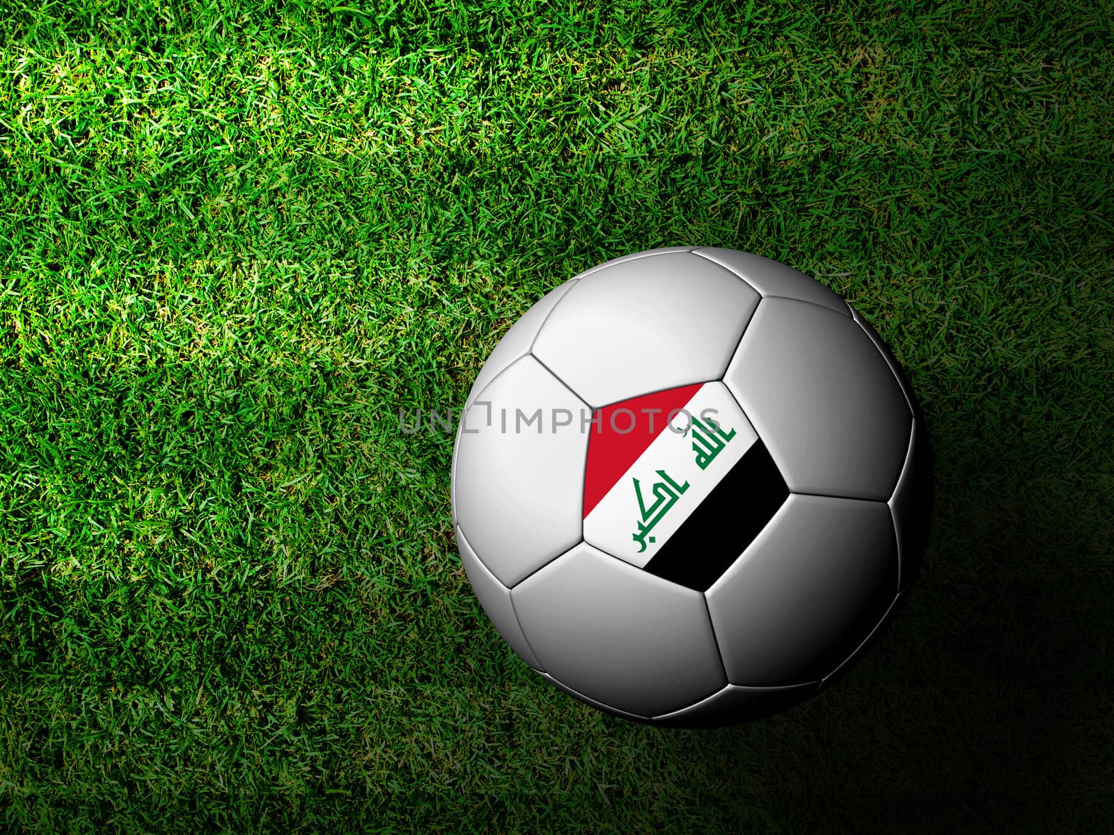 Iraq Flag Pattern 3d rendering of a soccer ball in green grass by jakgree