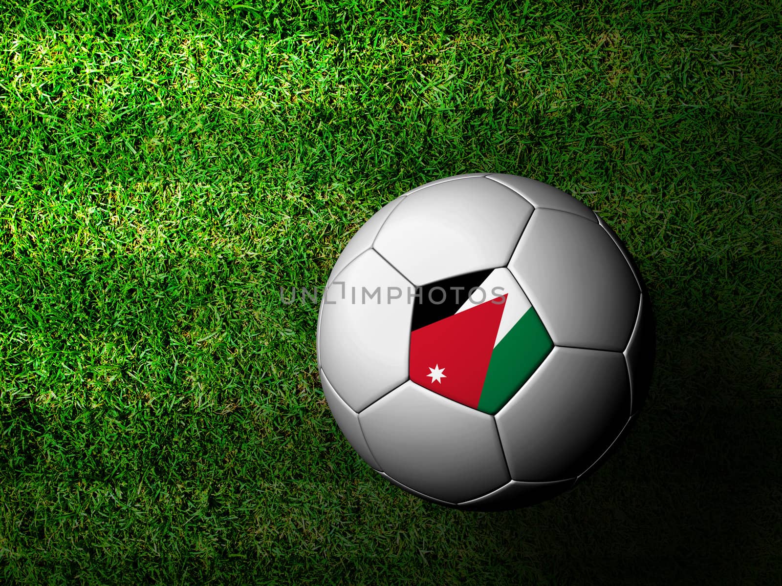 Jordan Flag Pattern 3d rendering of a soccer ball in green grass by jakgree