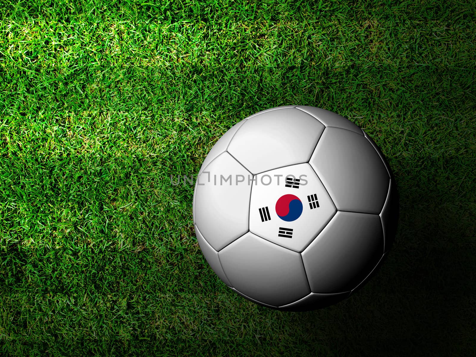 Korea Flag Pattern 3d rendering of a soccer ball in green grass by jakgree