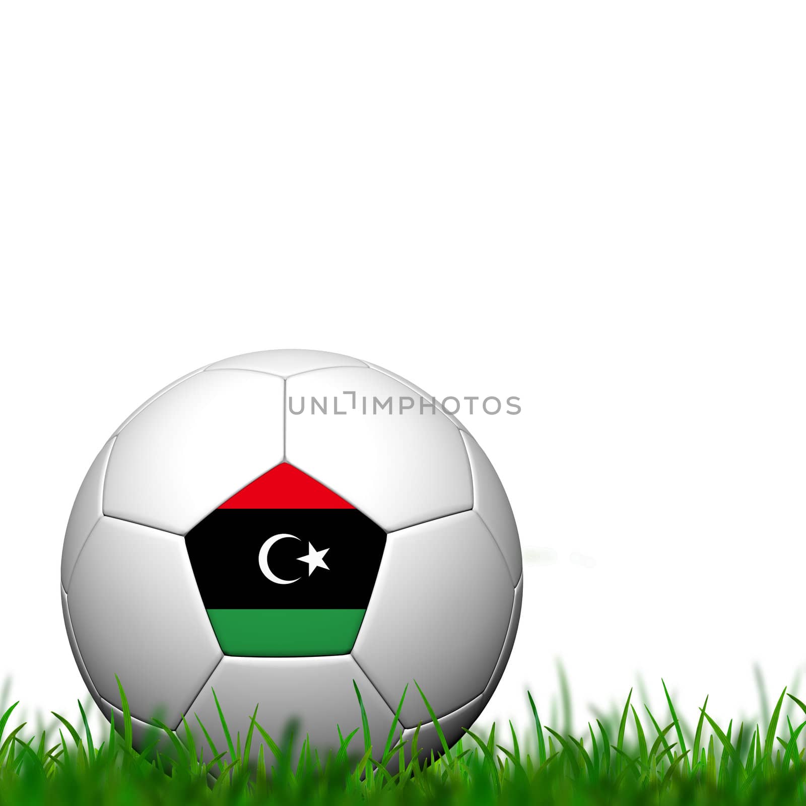 3D Soccer balll Libya Flag Patter on green grass over white background