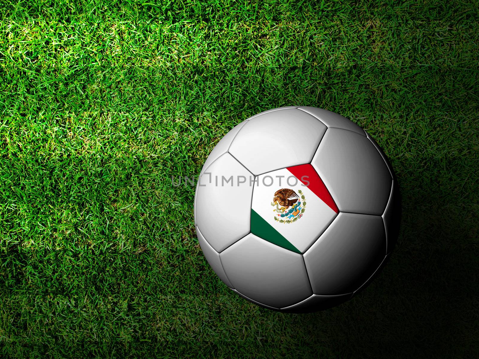 Mexico Flag Pattern 3d rendering of a soccer ball in green grass by jakgree