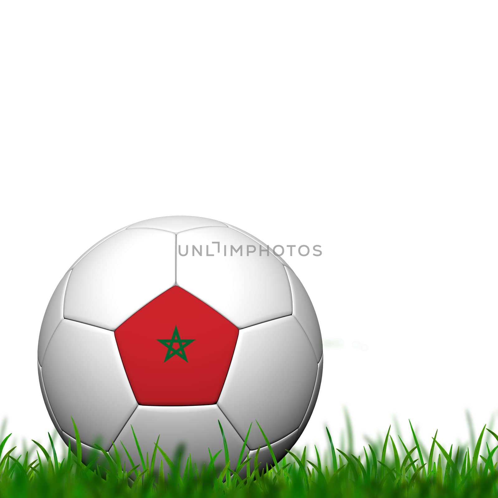 3D Soccer balll Morocco Flag Patter on green grass over white ba by jakgree