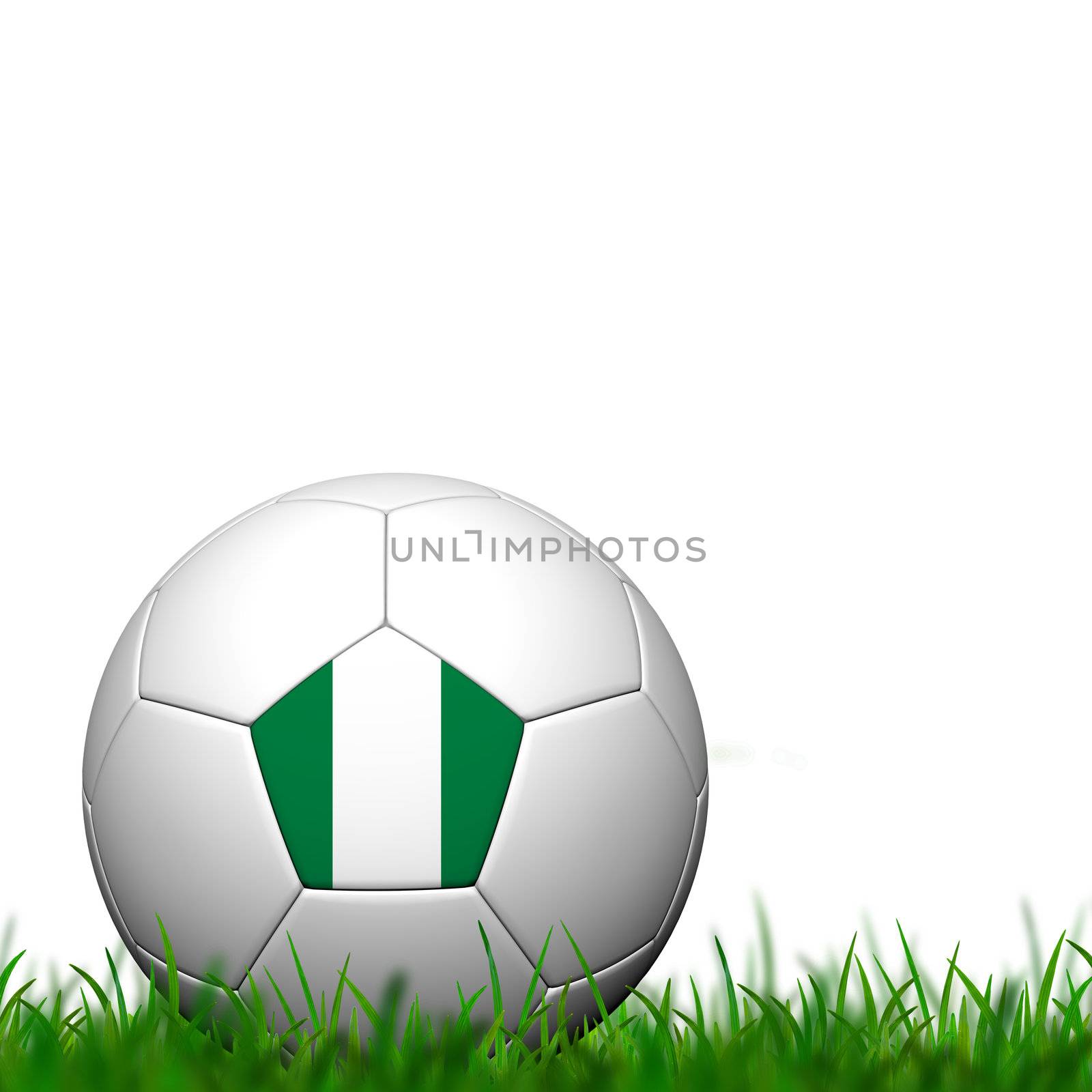 3D Soccer balll Nigeria Flag Patter on green grass over white background