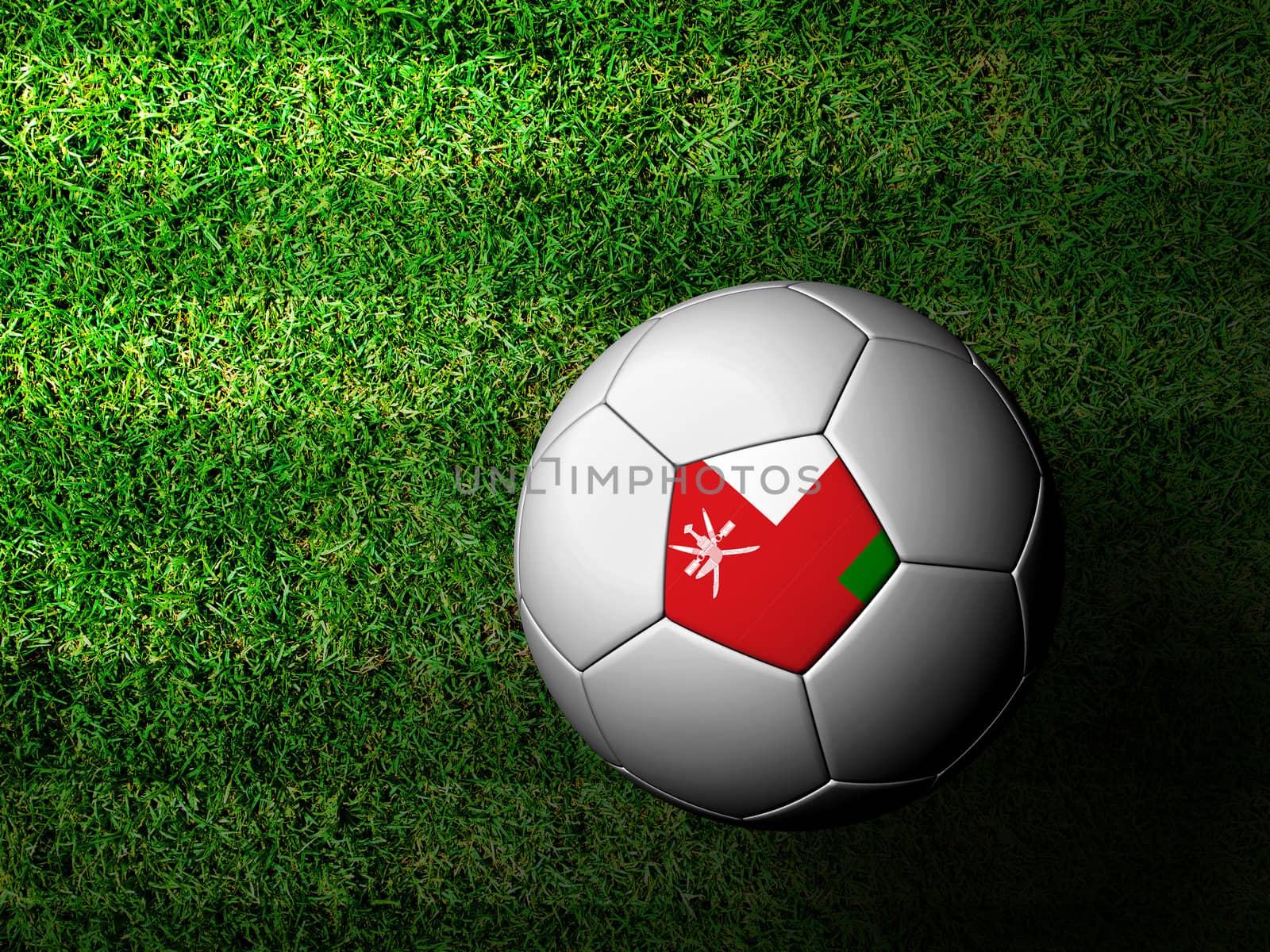 Oman Flag Pattern 3d rendering of a soccer ball in green grass