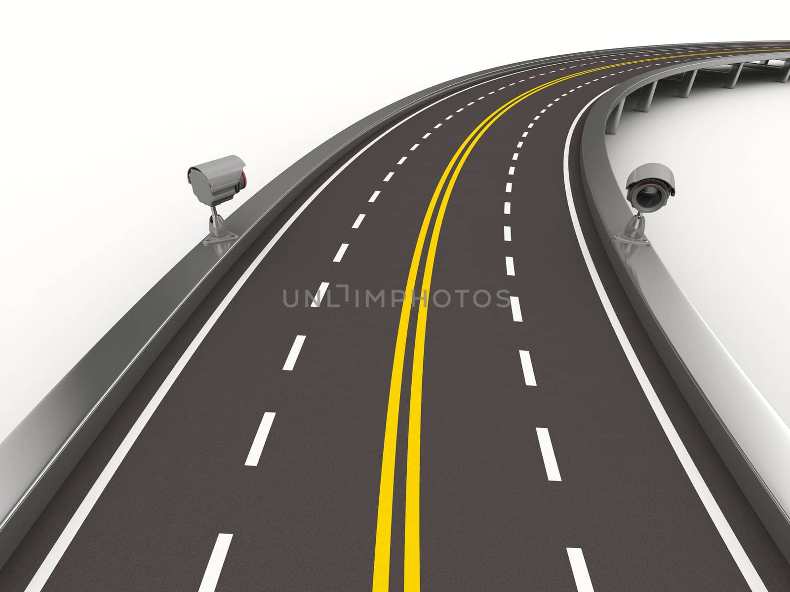 asphalted road with camera on white. Isolated 3D image