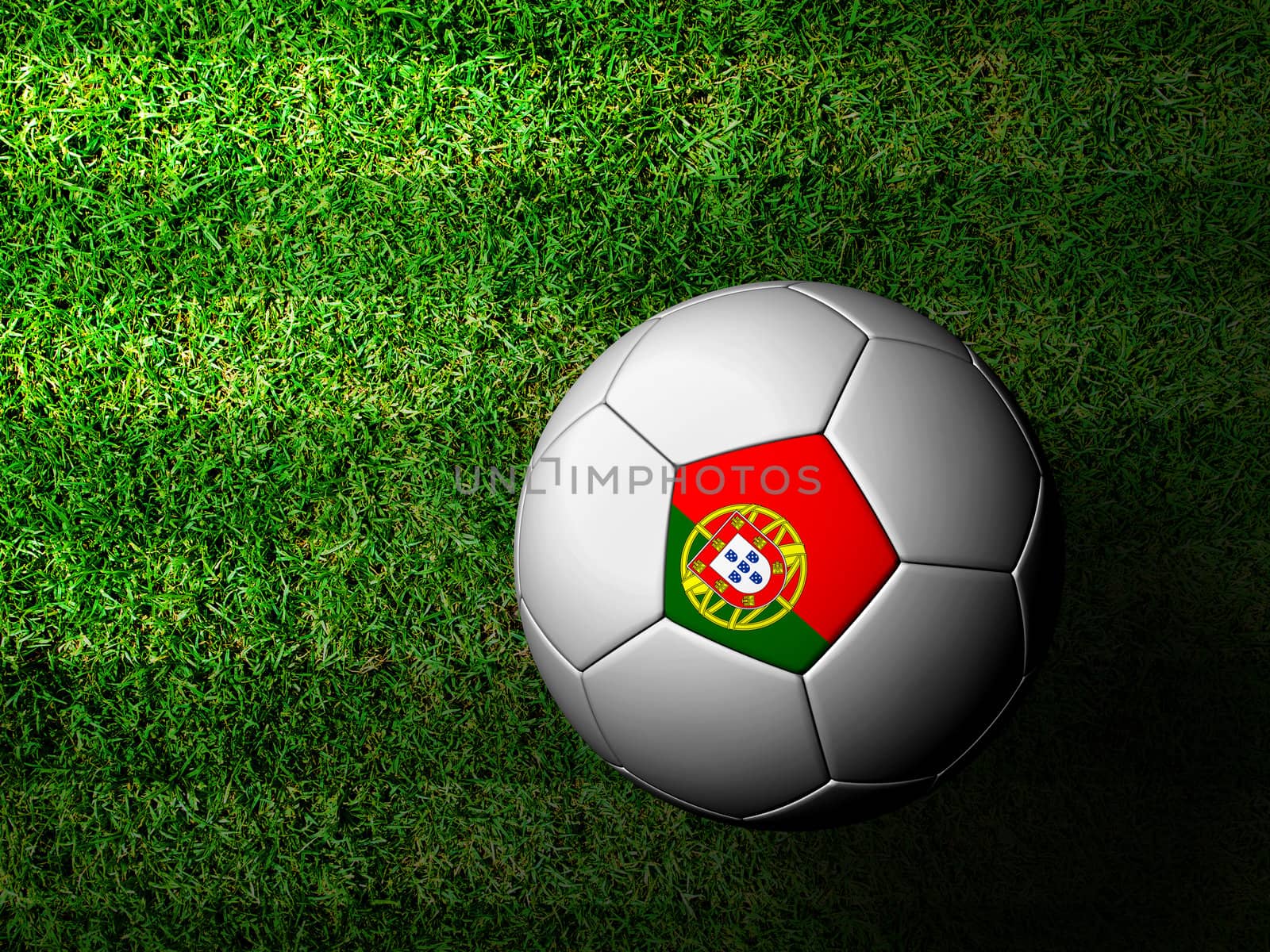 Portugal Flag Pattern 3d rendering of a soccer ball in green grass