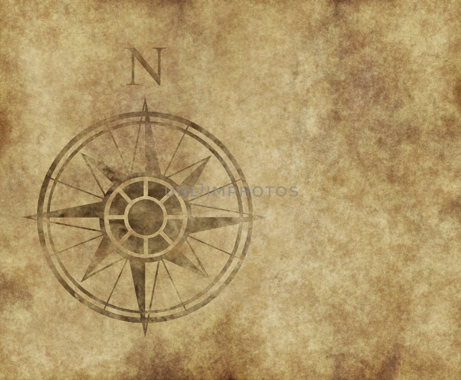 great north arrow and compass on old parchment map with copy space