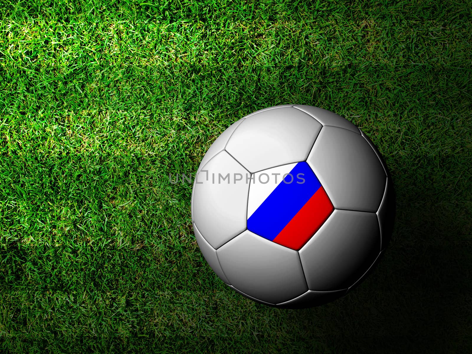 Russia Flag Pattern 3d rendering of a soccer ball in green grass by jakgree