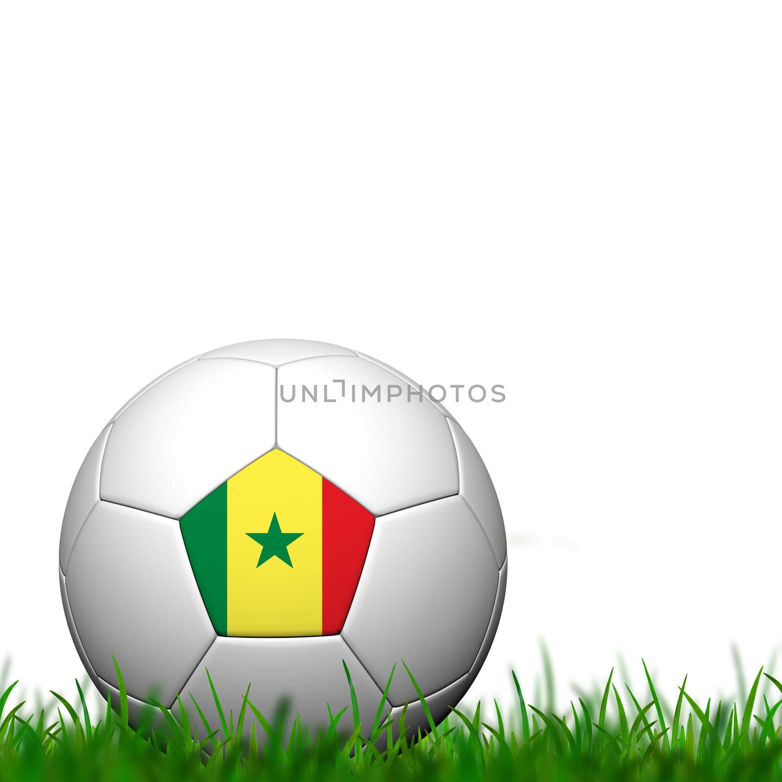 3D Soccer balll Senegal Flag Patter on green grass over white background