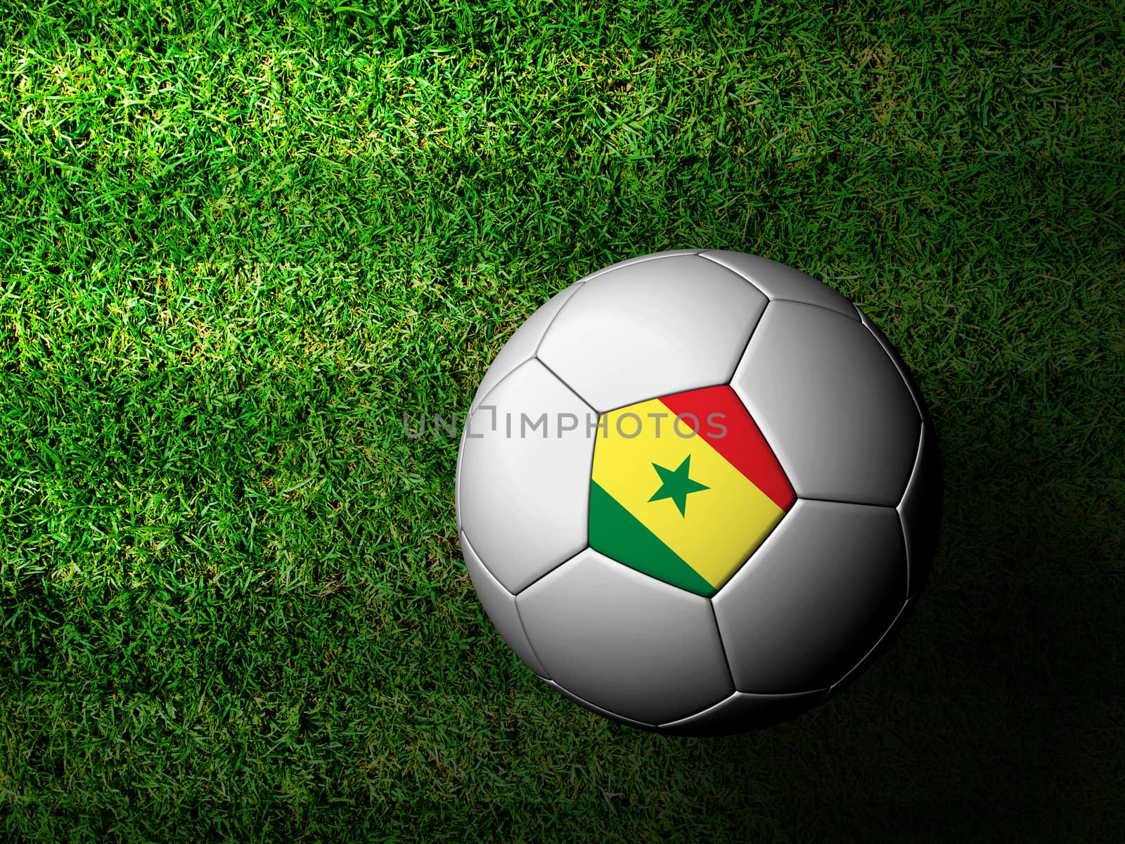 Senenal Flag Pattern 3d rendering of a soccer ball in green gras by jakgree