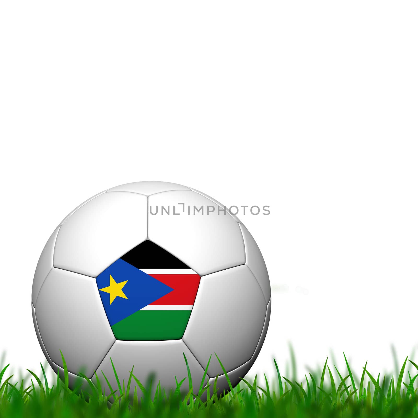 3D Soccer balll Sudan Flag Patter on green grass over white background