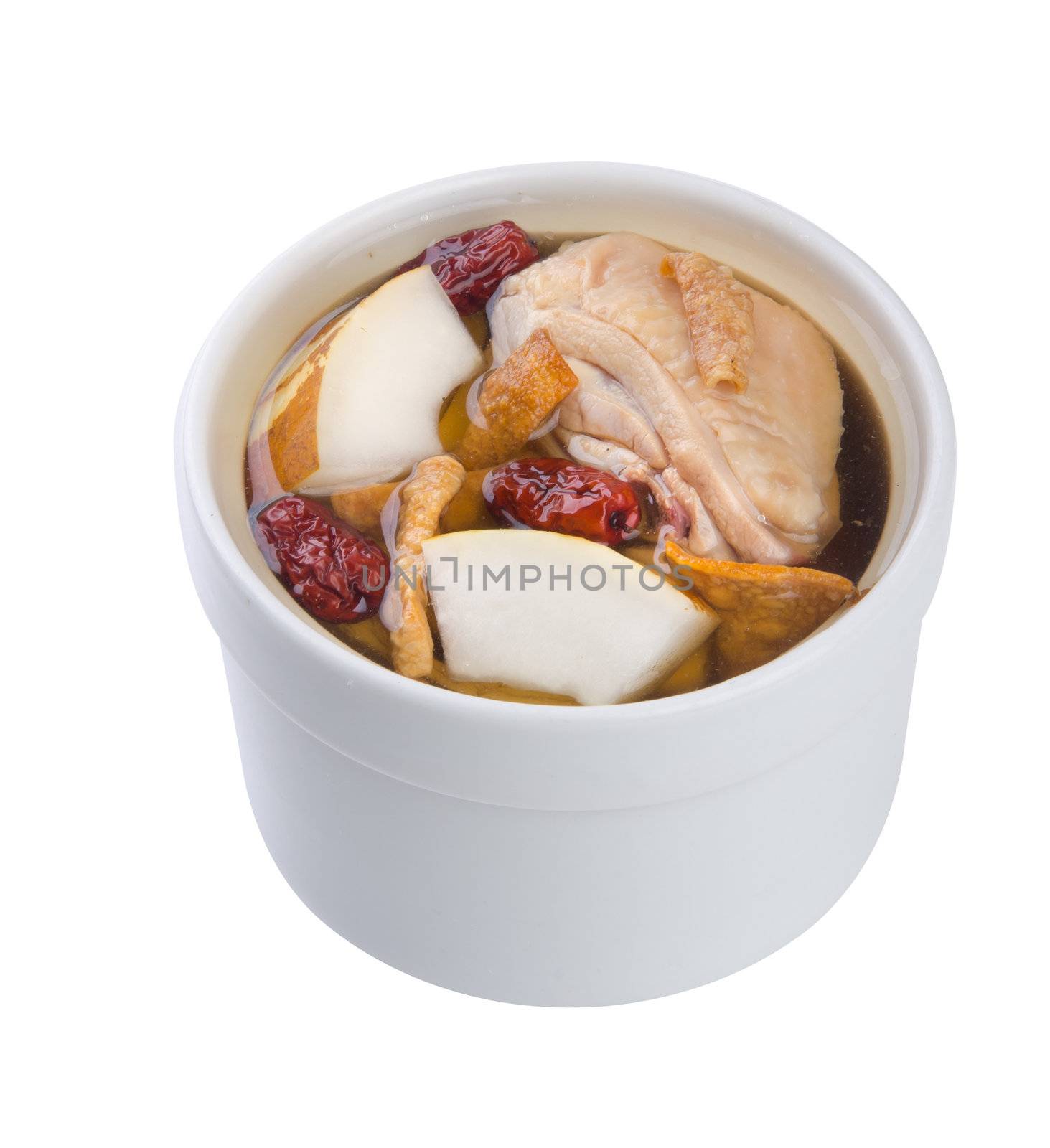 Chicken and herb soup in pot, Chinese food style.