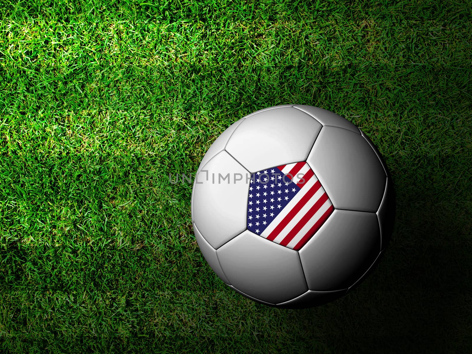 The United States  Flag Pattern 3d rendering of a soccer ball in green grass