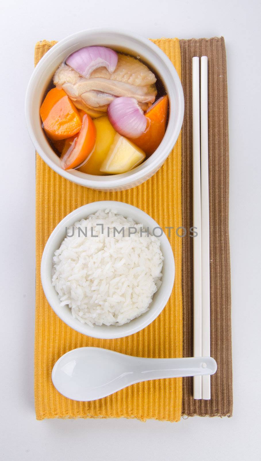 Chicken and herb soup in pot, Chinese food style. by heinteh