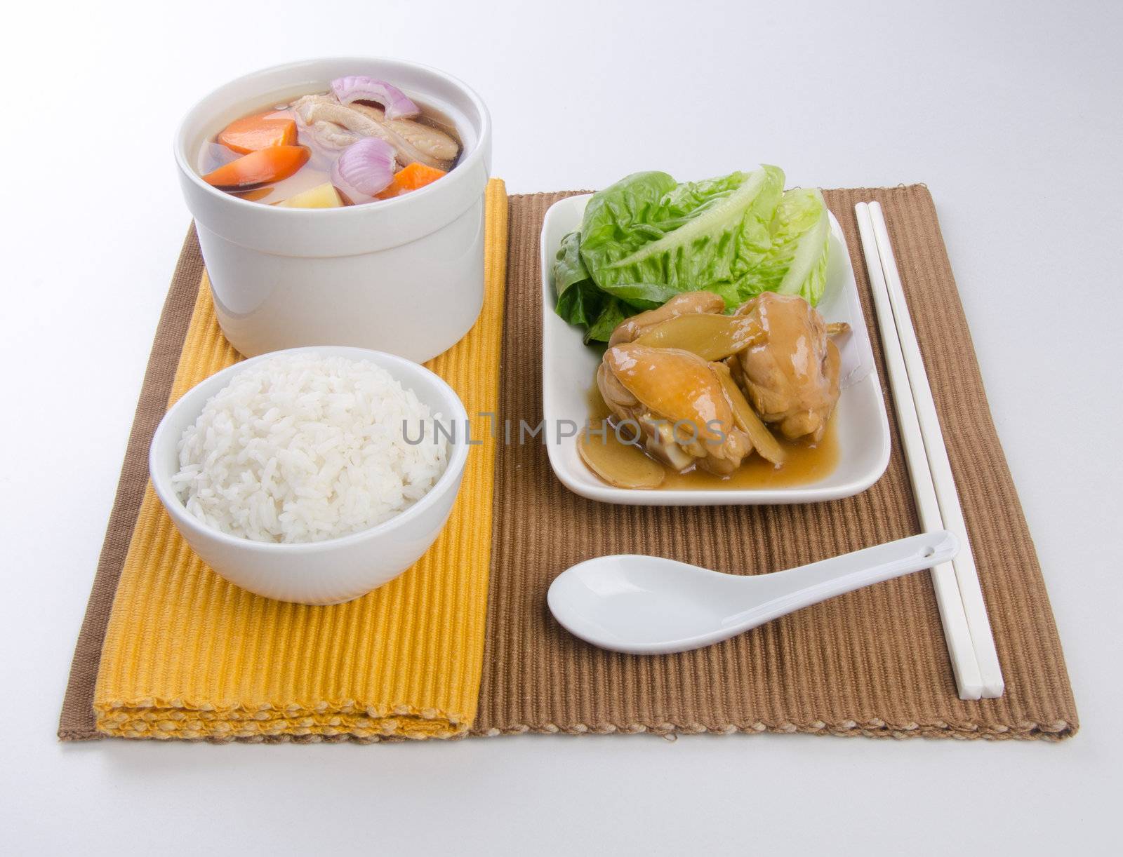 Chicken and herb soup in pot, Chinese food style.