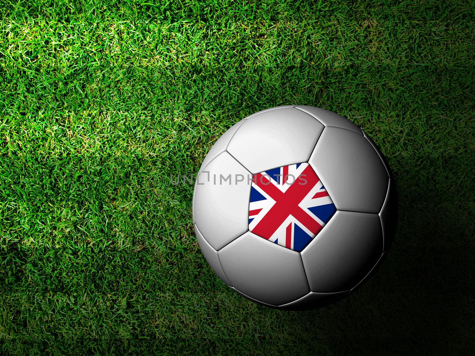 United Kingdom Flag Pattern 3d rendering of a soccer ball in green grass