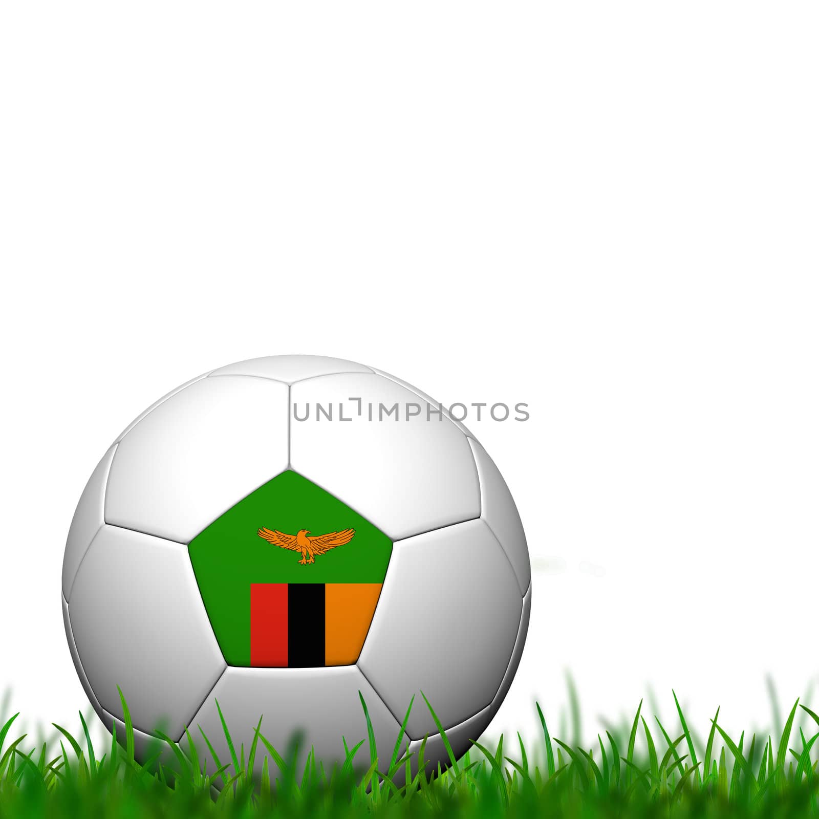 3D Soccer balll Zambia Flag Patter on green grass over white background