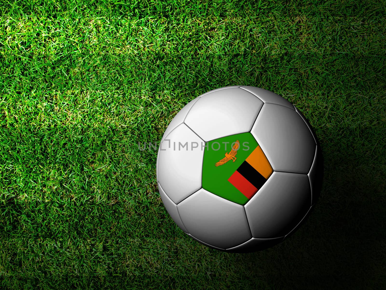 Zambia Flag Pattern 3d rendering of a soccer ball in green grass by jakgree