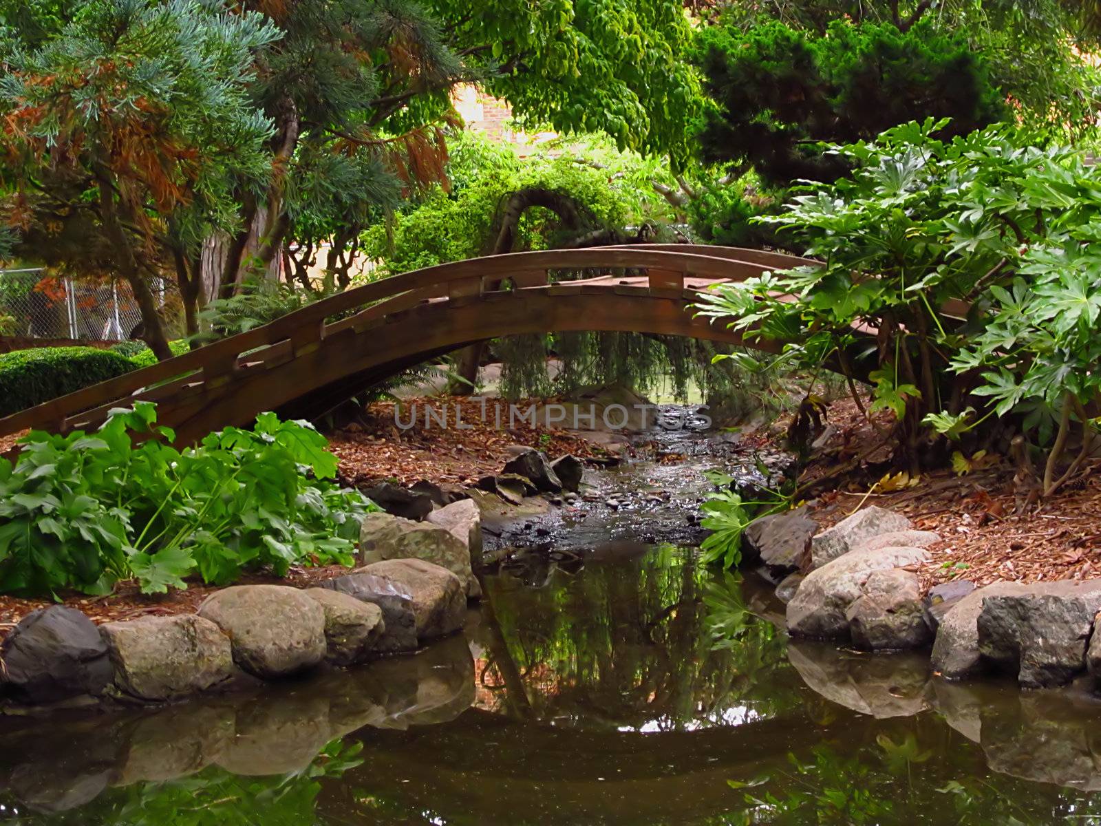 A photograph of an Asian style garden located at a public park.