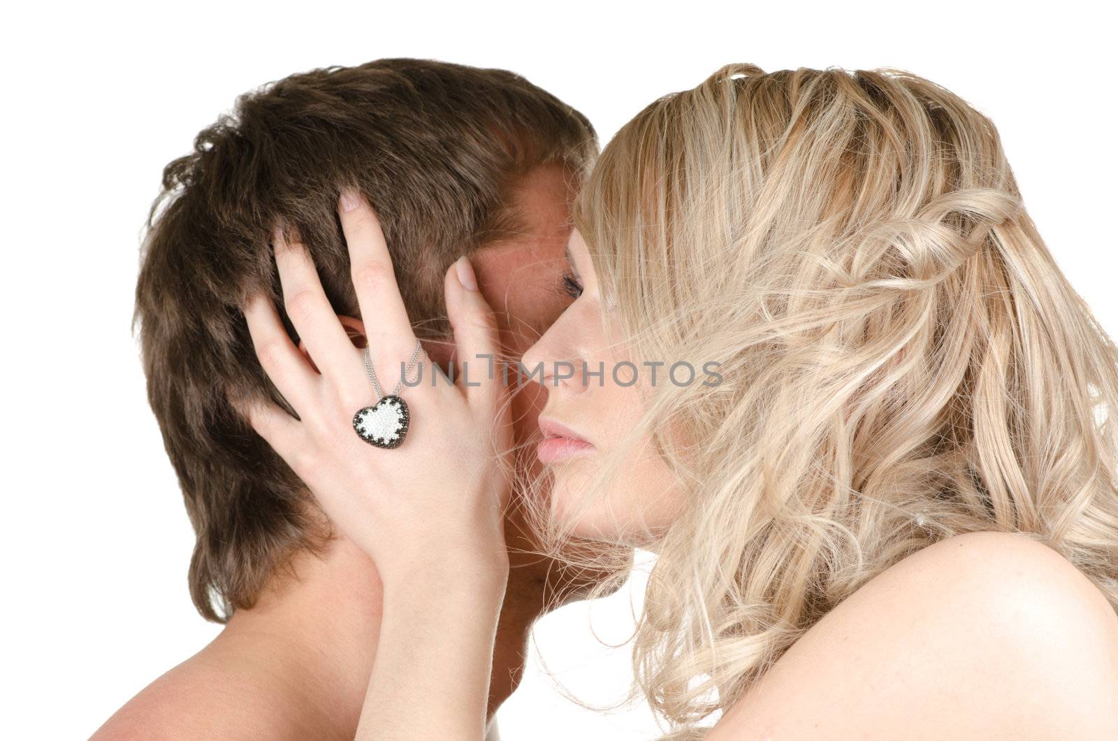 Kissing man and woman - lovers closeup portraits