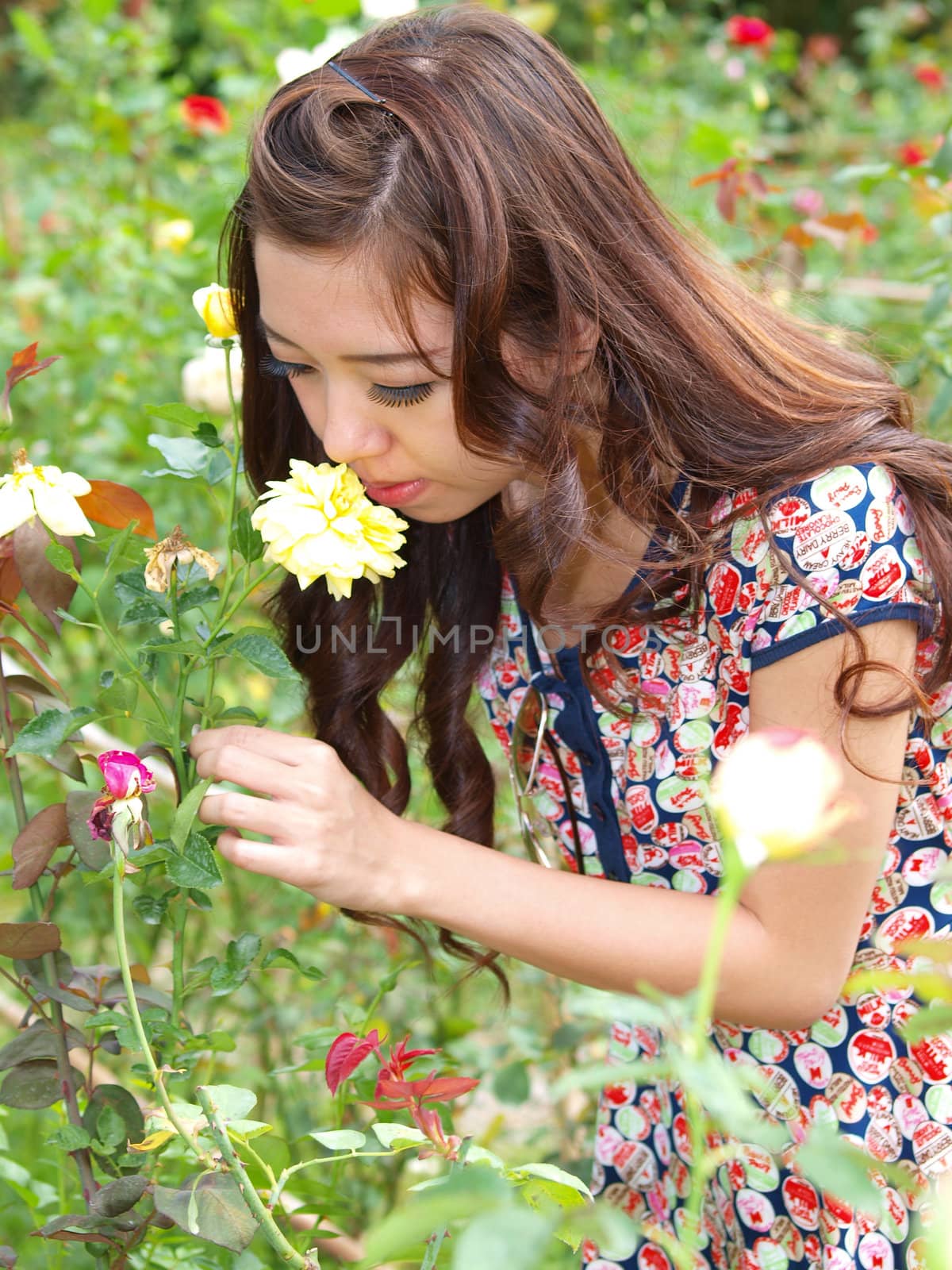 Pretty asian girl smelling a  rose 