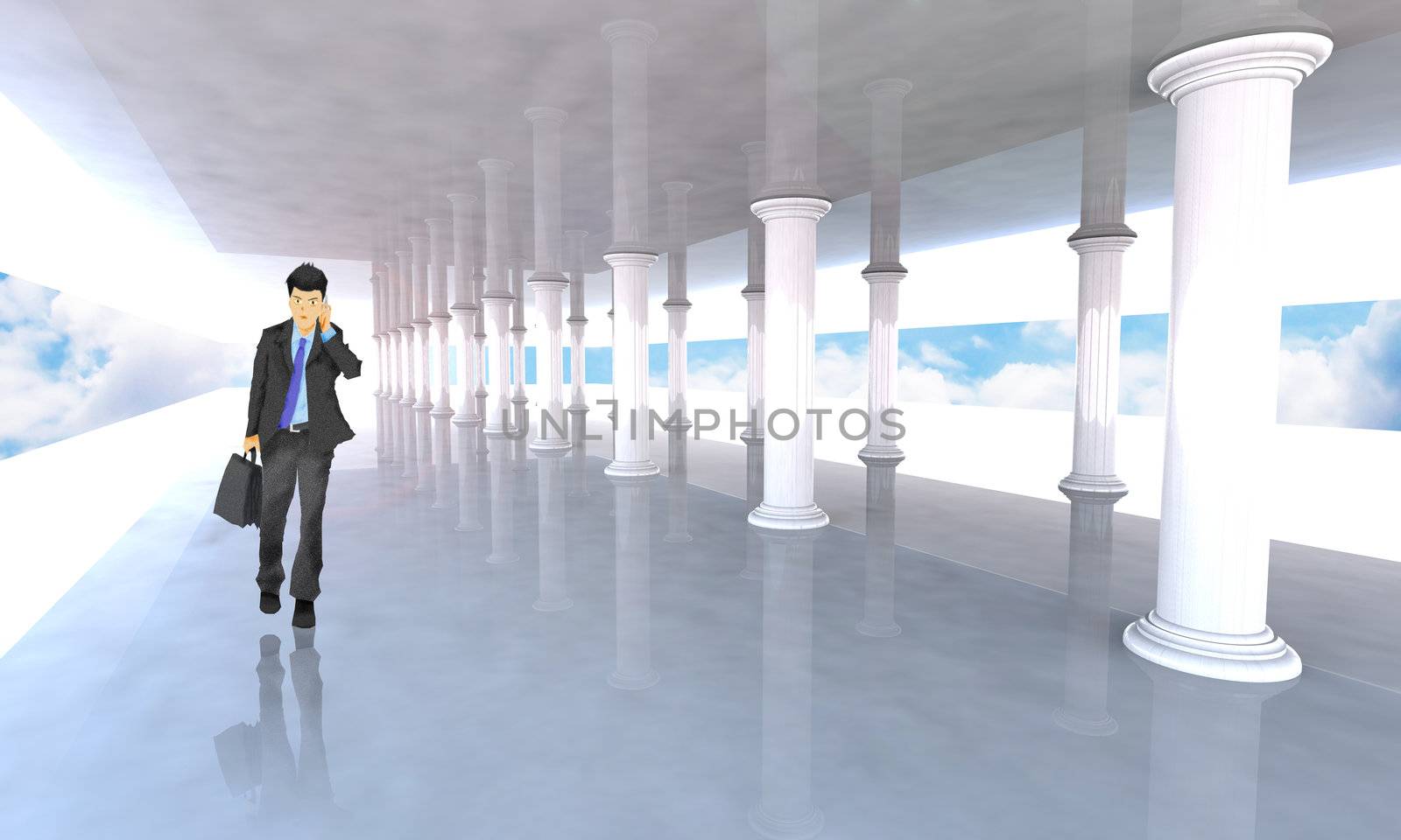 business man on the phone carrying a suitcase in front of classical colonnade with arcades and columns
