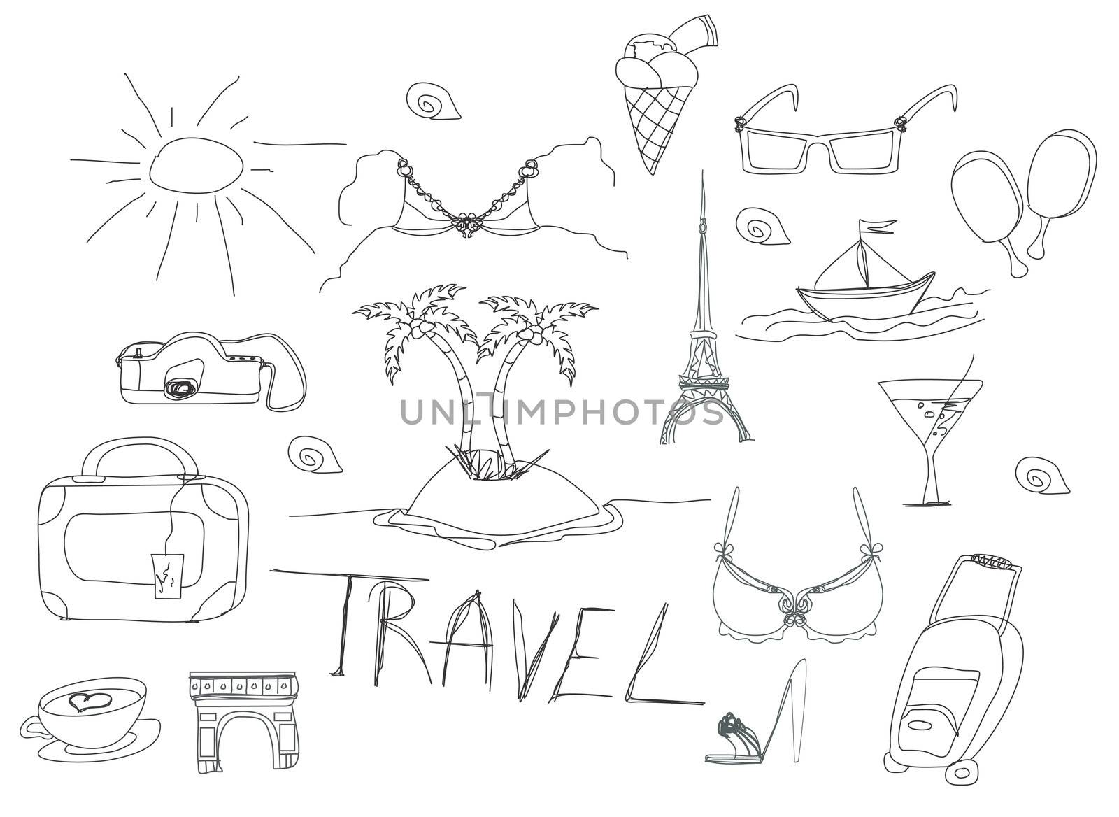 Hand drawn travel doodles. Vector illustration.