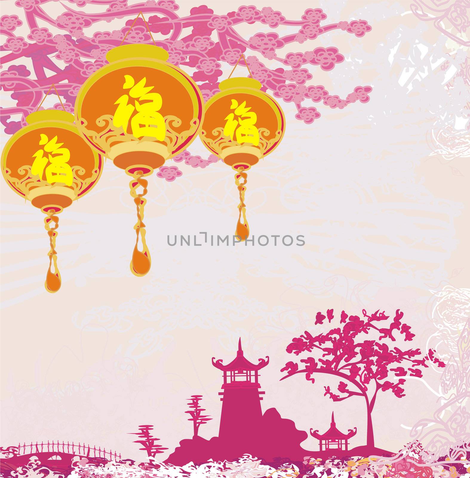 old paper with Asian Landscape and Chinese Lanterns - vintage japanese style background by JackyBrown