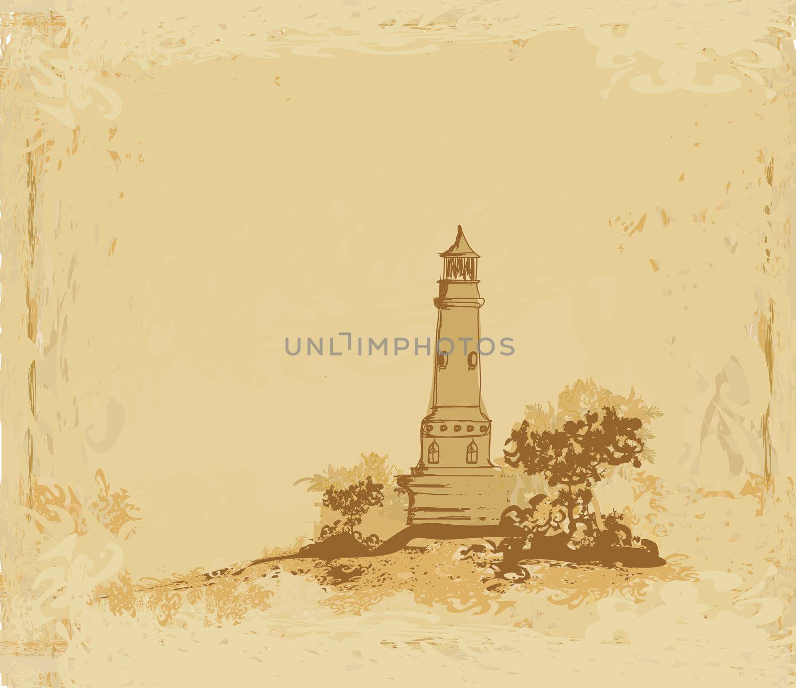 lighthouse seen from a tiny beach - Grunge Poster by JackyBrown