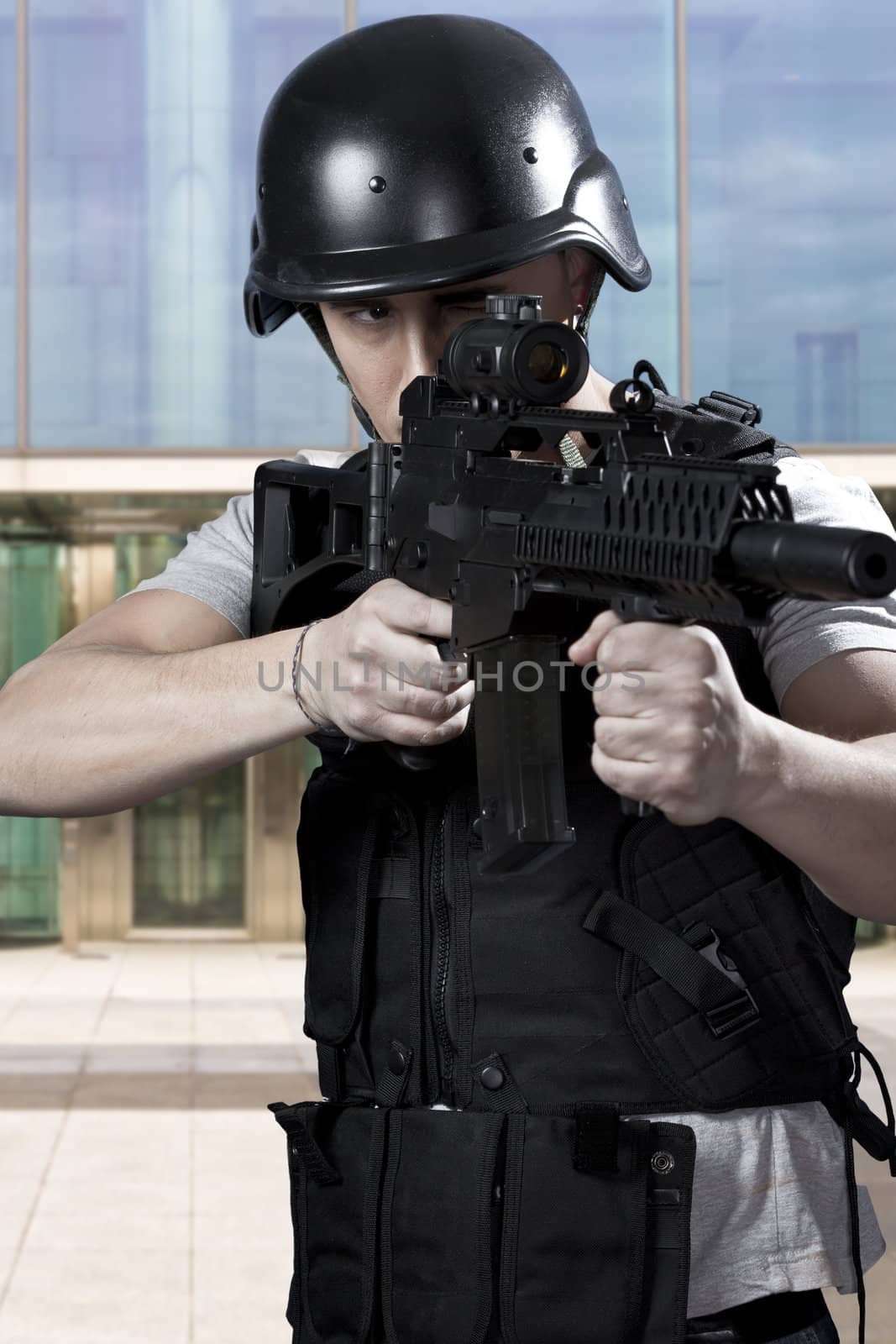 armed policemen, aiming frontal view details