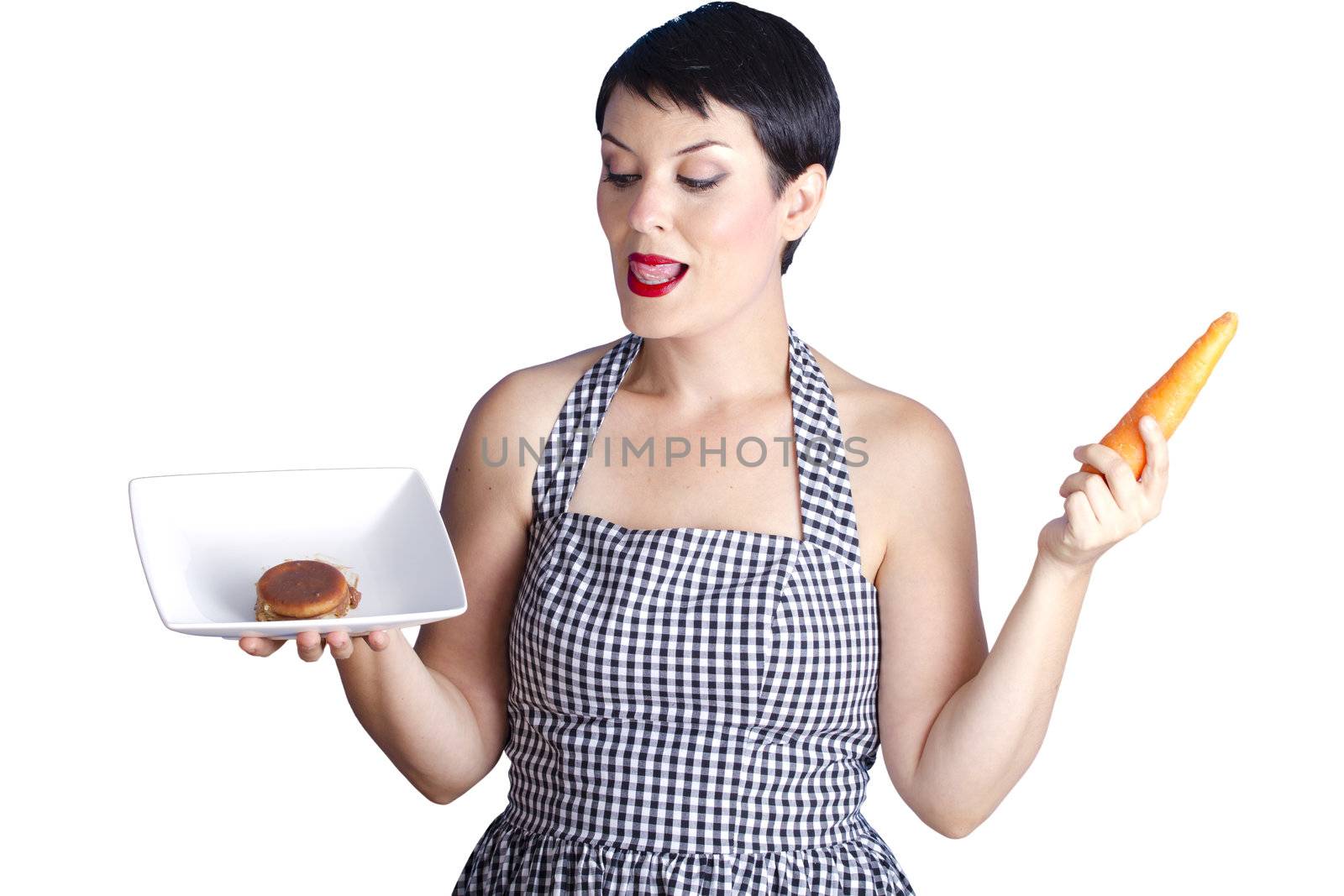 beautiful woman questioning her diet between health and high calorie