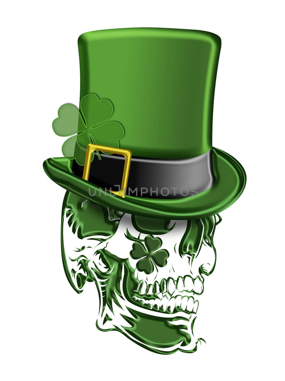 St Patricks Day Green Skull with Leprechaun Hat with Shamrocks Isolated on White Background Illustration