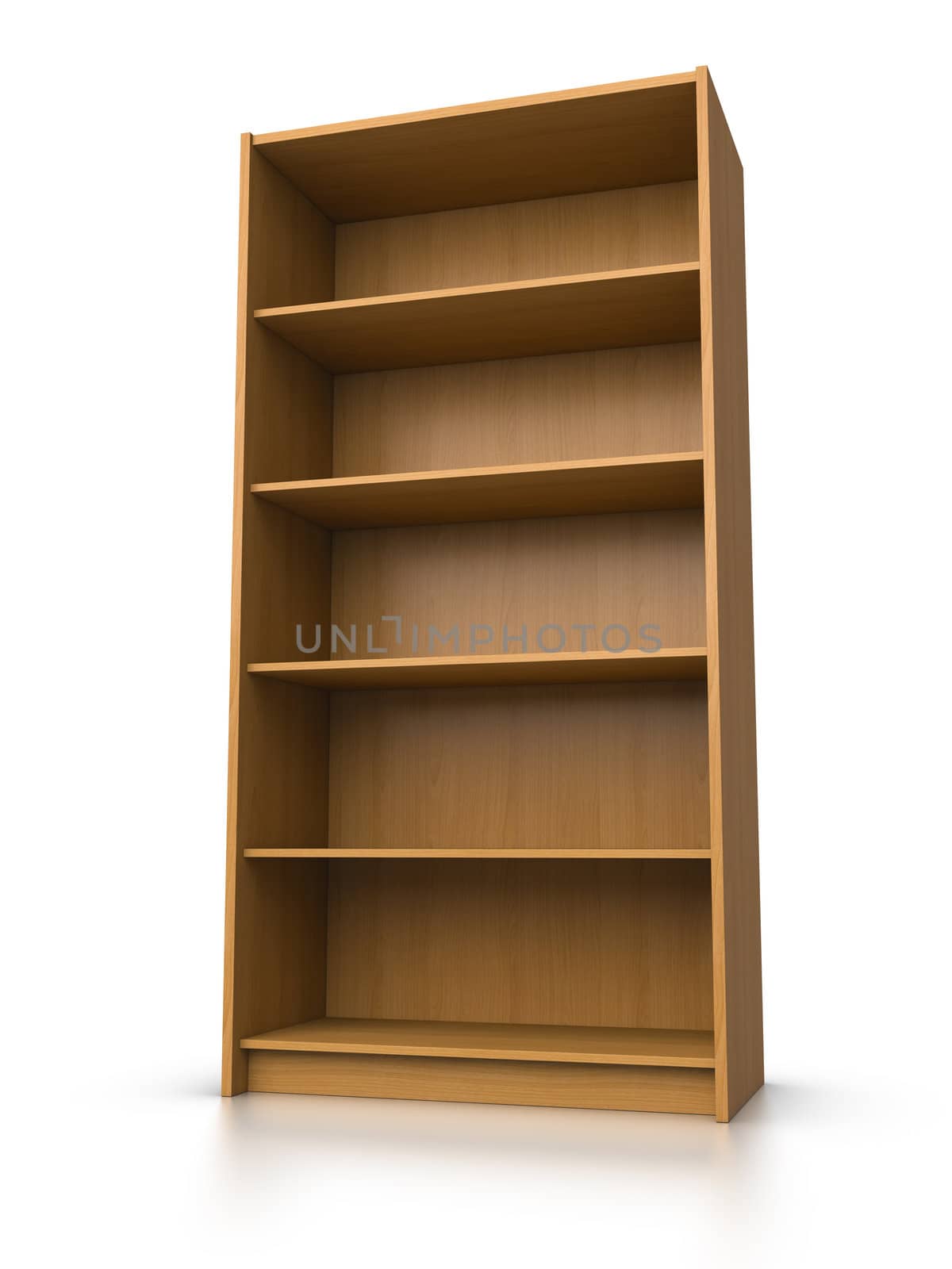 3D rendered empty bookshelf on white background.