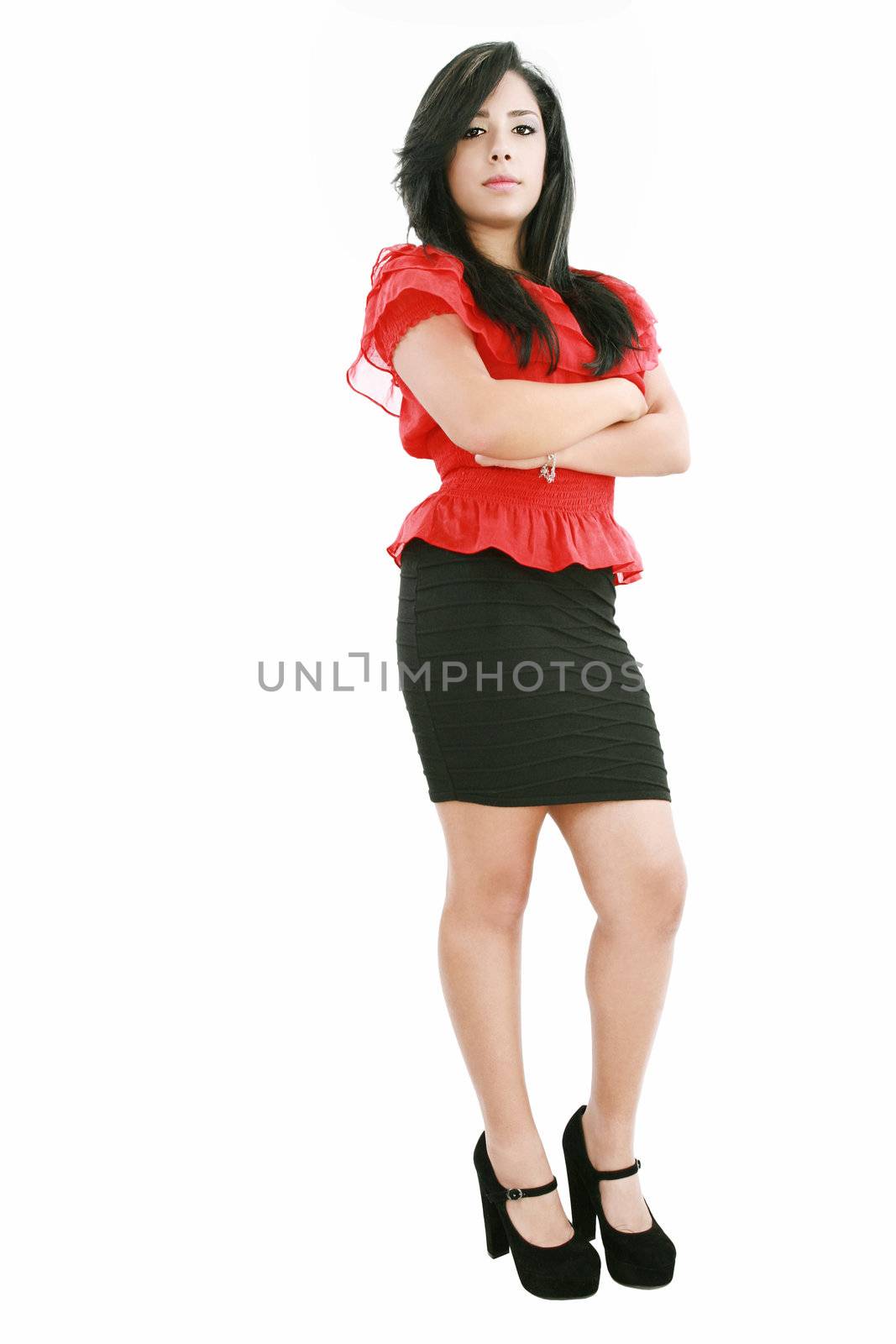 Full length of pretty young business woman on white background