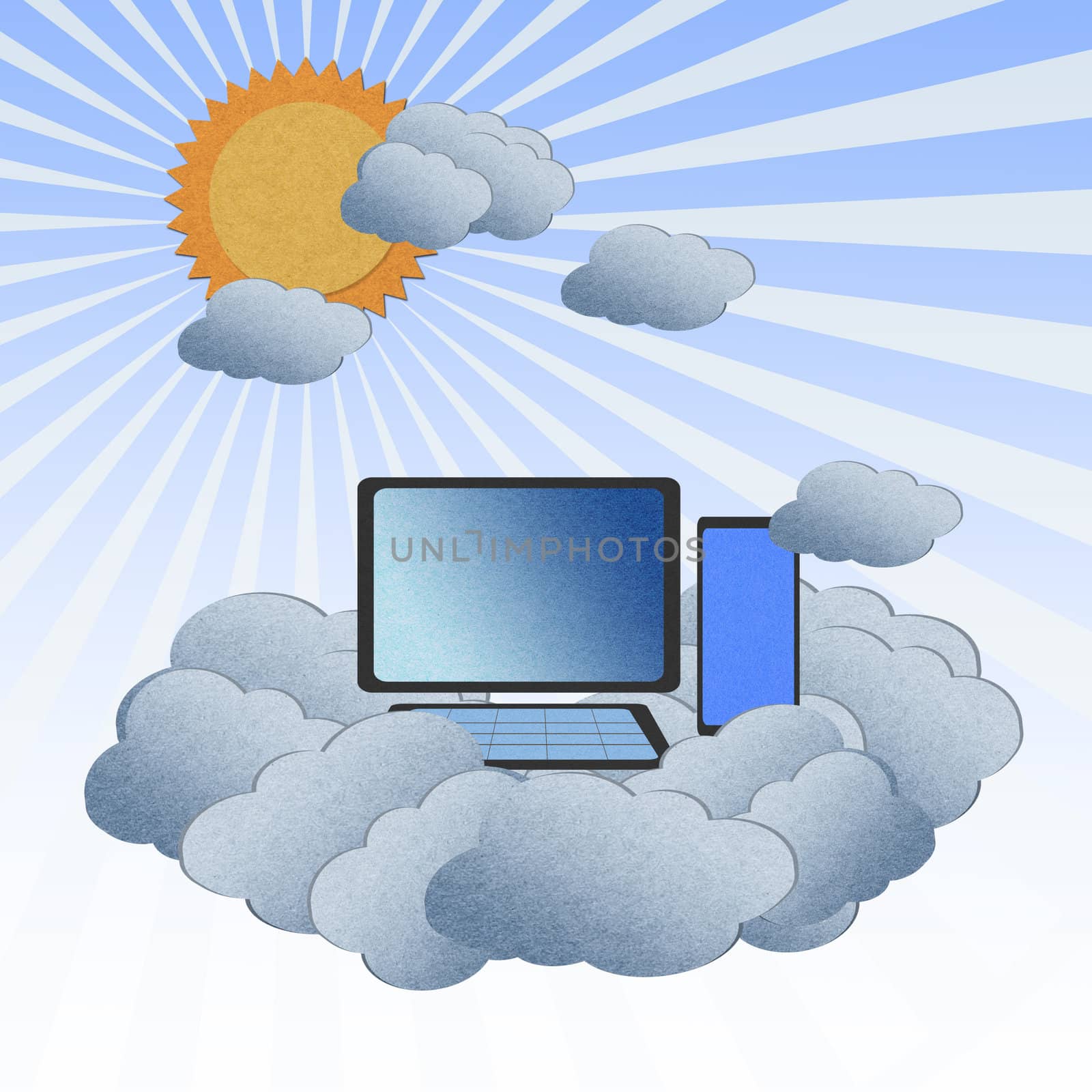 Recycle paper cloud computing with the sun, Cloud computing concept.