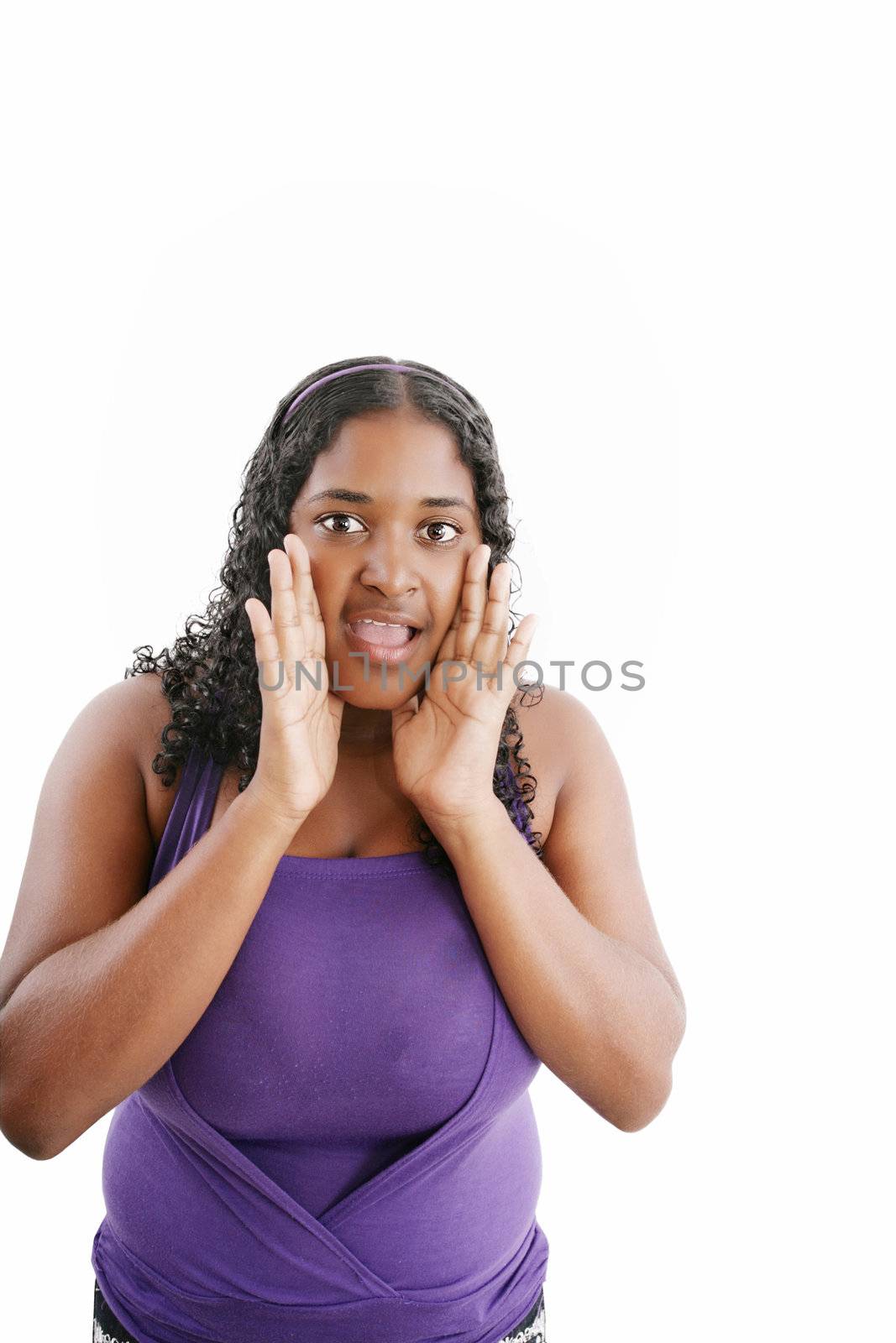 excited scared, terrified black woman, young african girl surprised, looking at camera, isolated over white background
