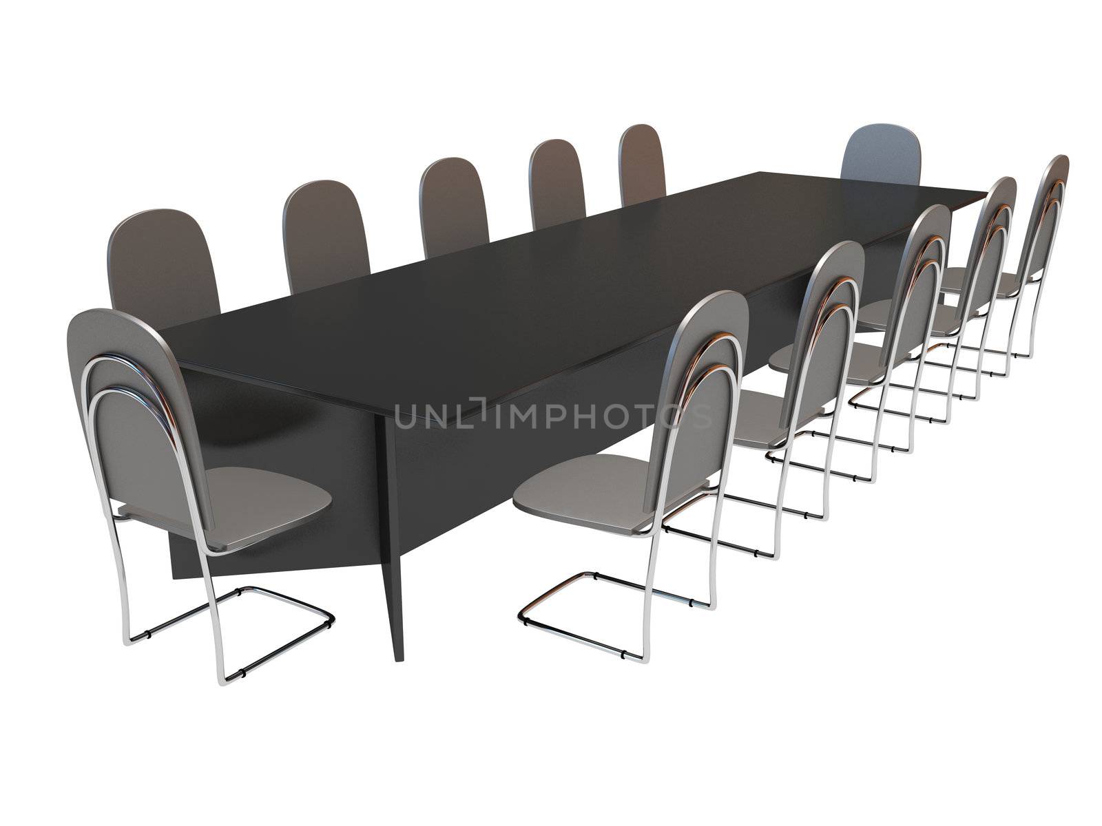 Long table and ten chairs on a white background