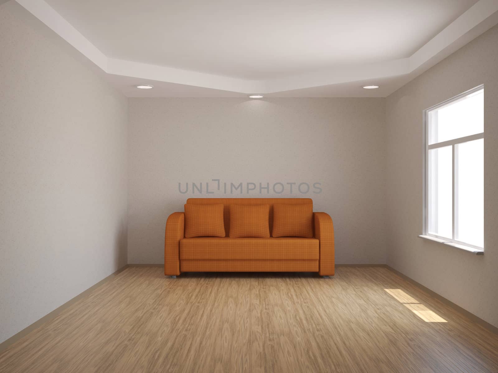 Interior of a room with an orange sofa