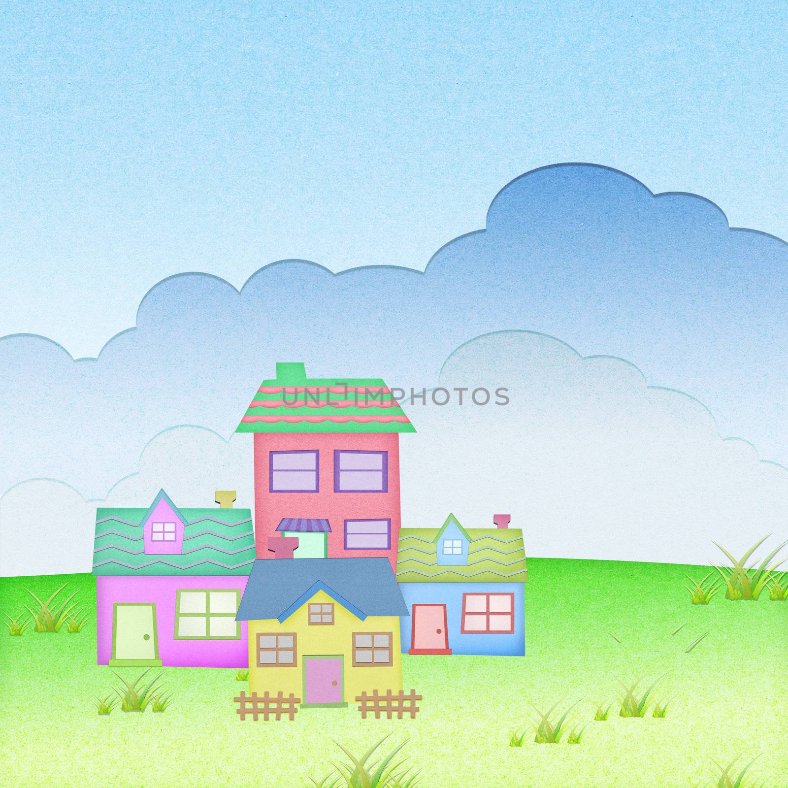 house from recycle paper with grass field and sun set background