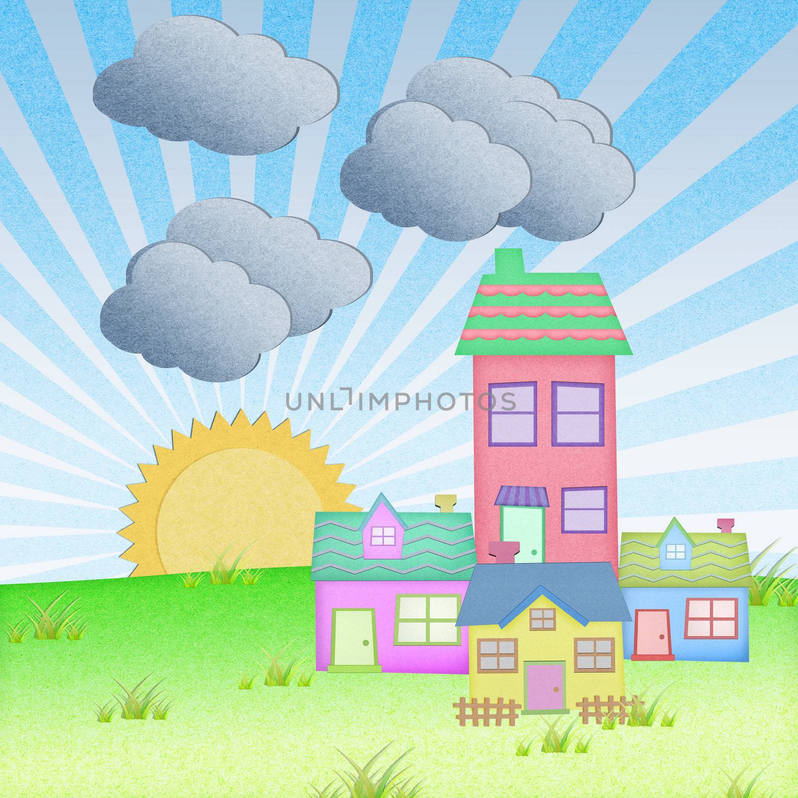 house from recycle paper with grass field and sun set background by jakgree